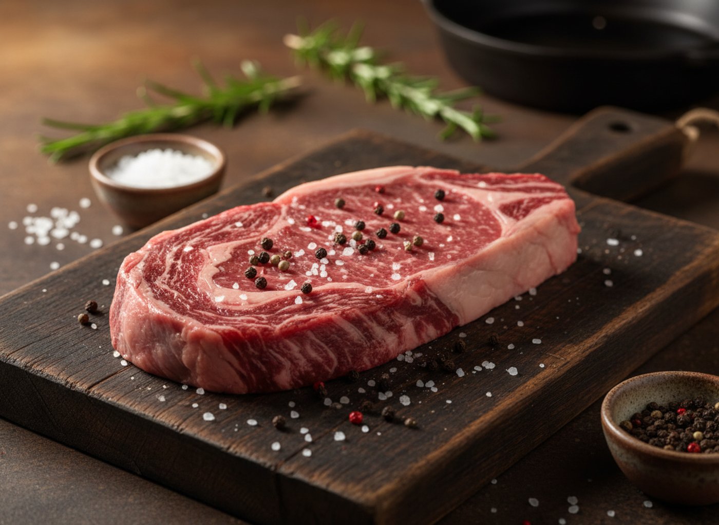 Steak marbré cru, assaisonné, prêt pour le charbon