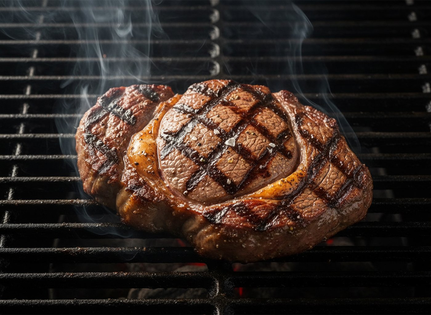 Steak grillé, marques de grille, fumant